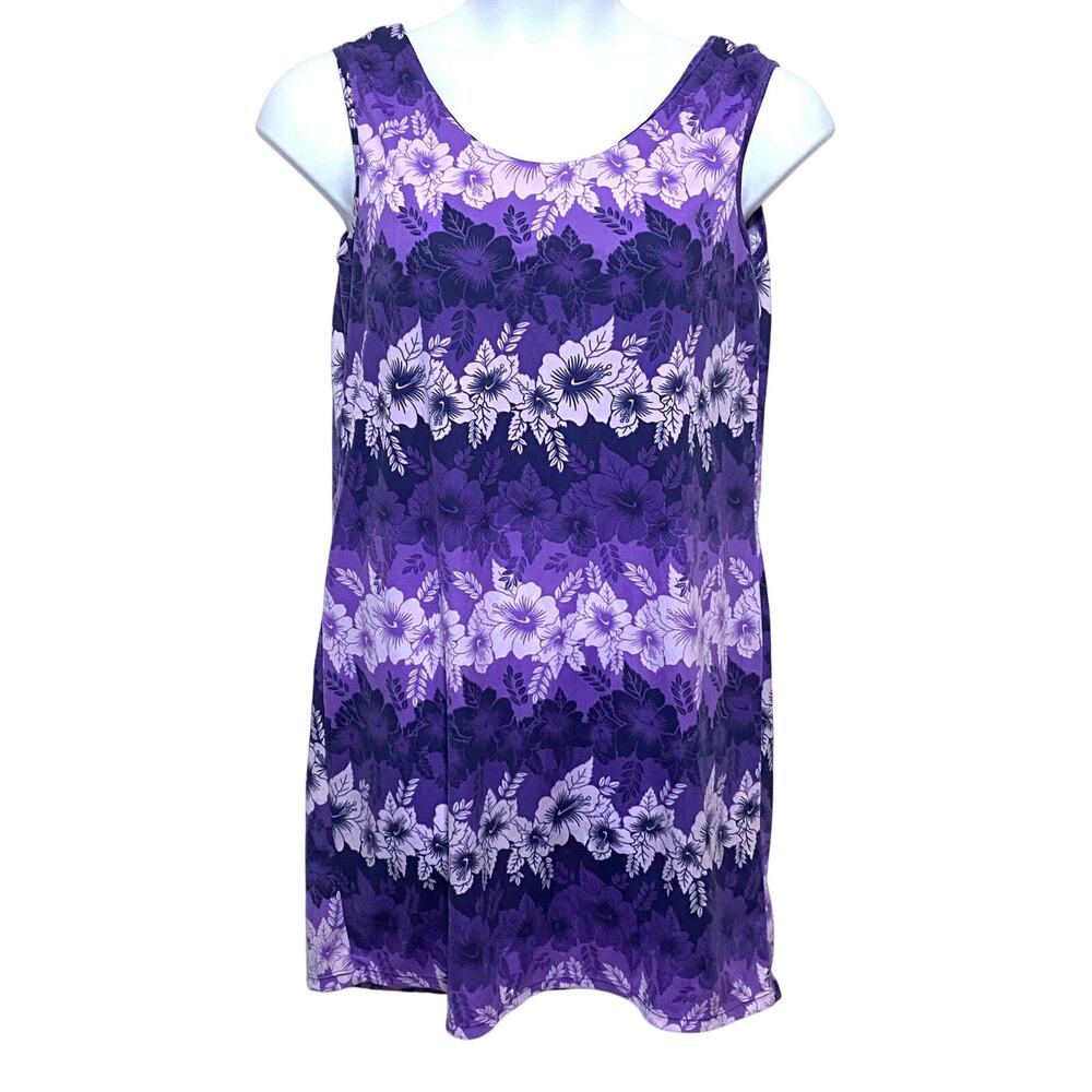 Floral Sleeveless Dress Womens XL Purple Hibiscus Hawaiian Tropical Resort Retro